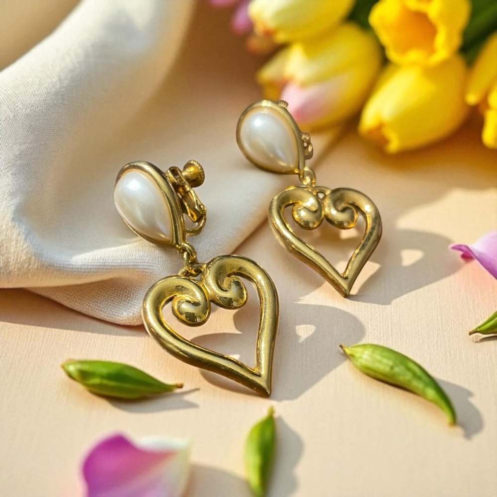 Vintage Signed JS Gold-Tone Heart Drop Earrings - Hinge Screw-back Closure